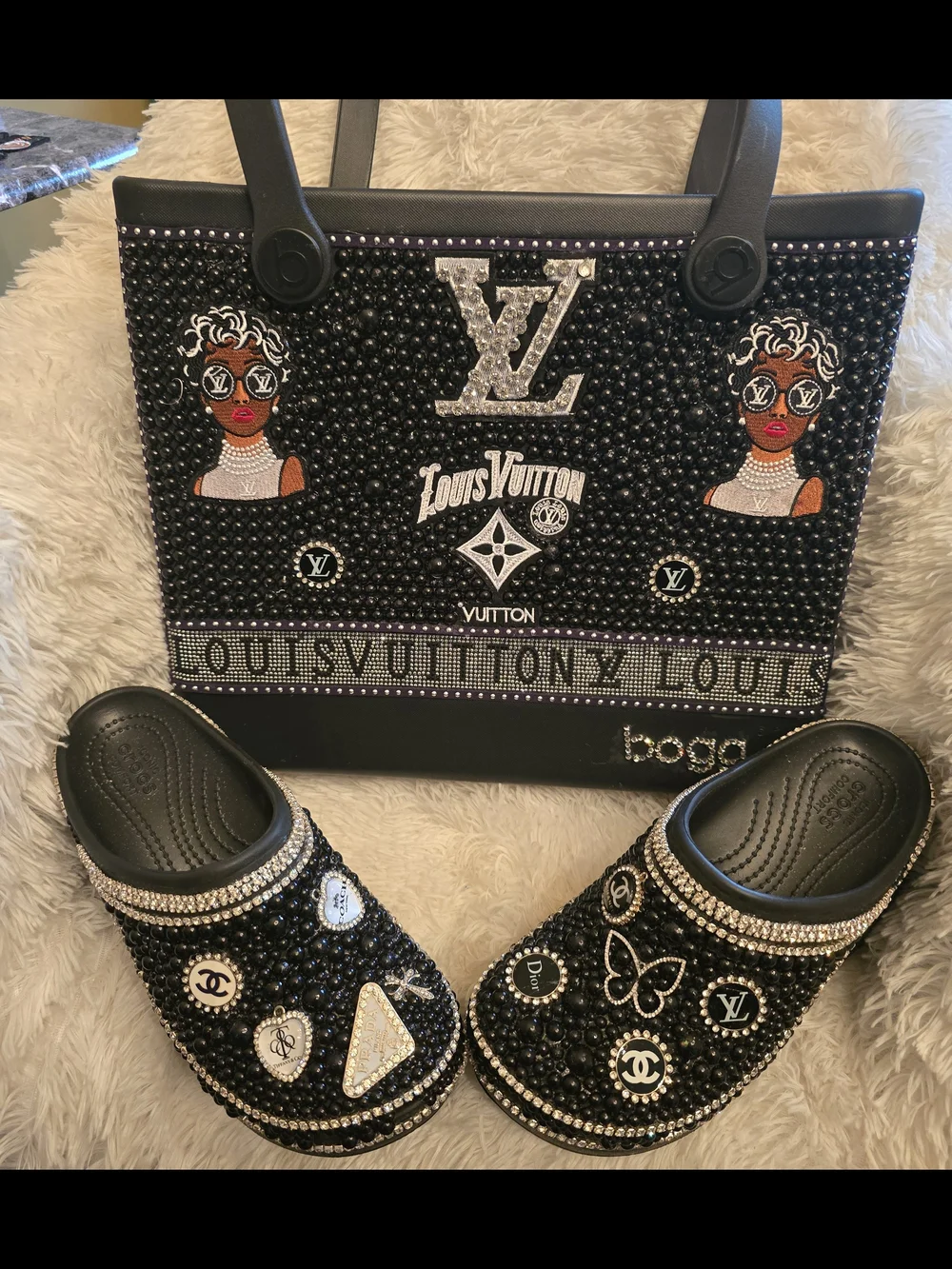 Embellished Black Tote with Matching Clogs